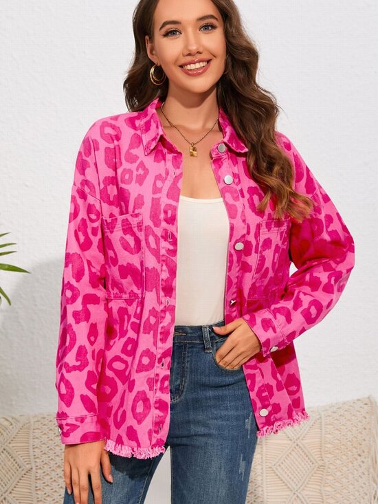 No Brand - Boutique Clothing Jackets & Blazers - NWOT Pink Leopard Print Button Cuffs Raw Hem Jacket